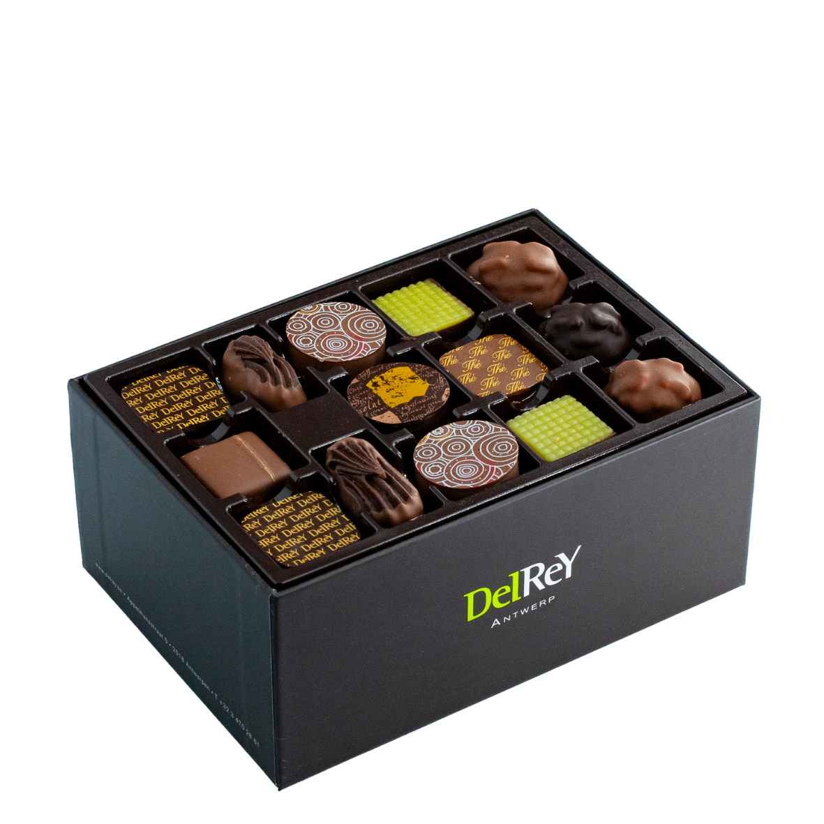 verzendingsdoos -Chocolade-pralines-taarten-DelReY-Chocolatier-patisserie-macarons-koekjes-gebak-ijs-dessert